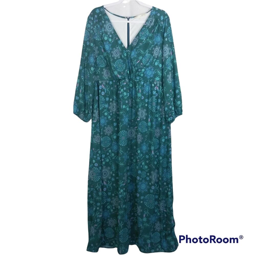 WAYWARD FANCIES Graphic Floral Print Crepe Ruched Asymmetric Waist Maxi Dress 2X